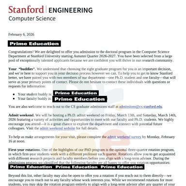 Offer letter from Stanford University